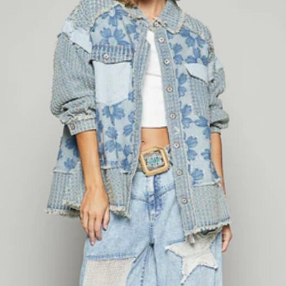 POL Textured Flower and Knit Jacket in Denim NWOT LG - Picture 3 of 7